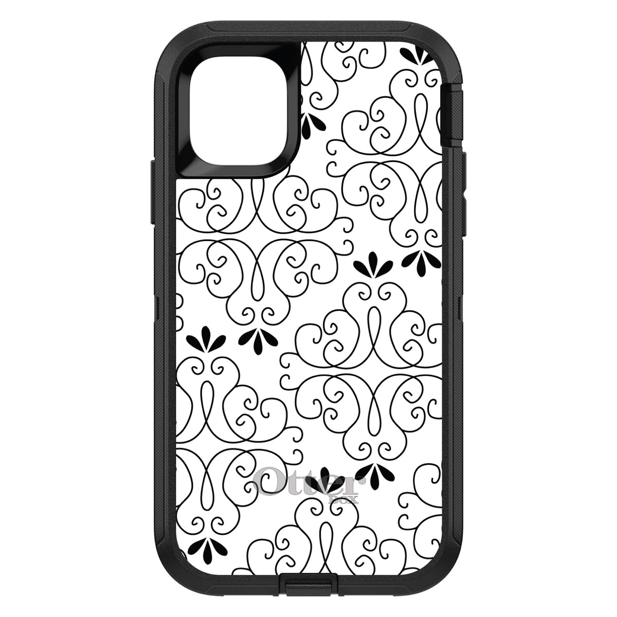 Black White Floral Pattern OtterBox Defender Case for iPhone & Galaxy, view 2