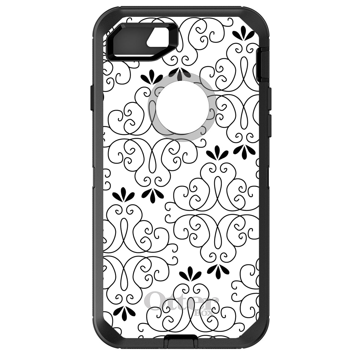 Black White Floral Pattern OtterBox Defender Case for iPhone & Galaxy