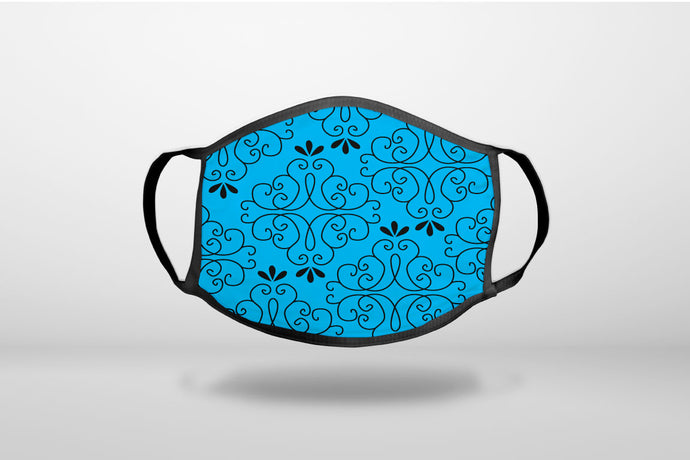 Blue Black Floral Pattern - 3-Ply Reusable Soft Face Mask Covering, Unisex, Cotton Inner Layer