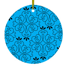 DistinctInk® Hanging Ceramic Christmas Tree Ornament with Gold String - Great Gift / Present - 2 3/4 inch Diameter - Blue Black Floral Pattern