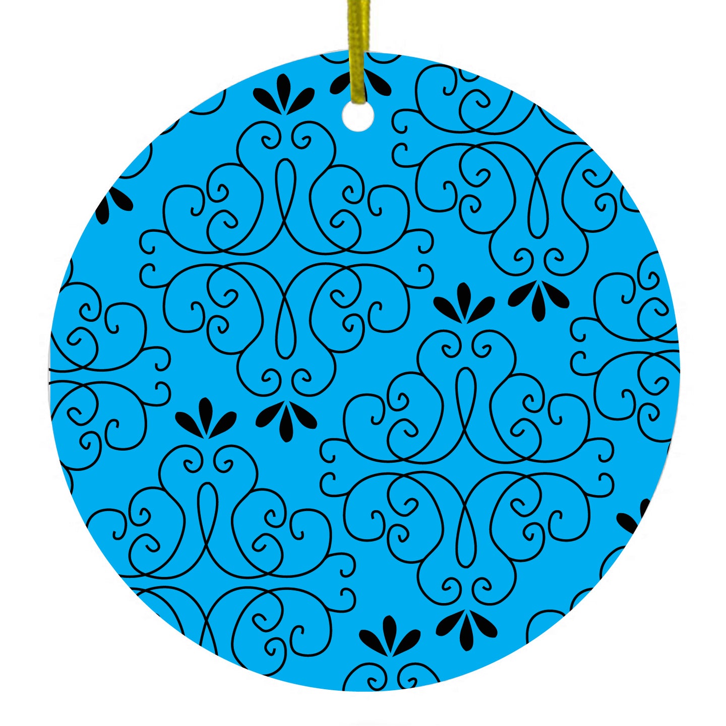 DistinctInk® Hanging Ceramic Christmas Tree Ornament with Gold String - Great Gift / Present - 2 3/4 inch Diameter - Blue Black Floral Pattern