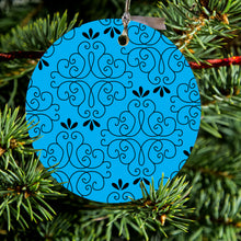 DistinctInk® Hanging Ceramic Christmas Tree Ornament with Gold String - Great Gift / Present - 2 3/4 inch Diameter - Blue Black Floral Pattern