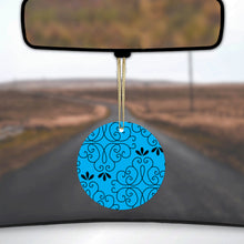 DistinctInk® Hanging Ceramic Christmas Tree Ornament with Gold String - Great Gift / Present - 2 3/4 inch Diameter - Blue Black Floral Pattern
