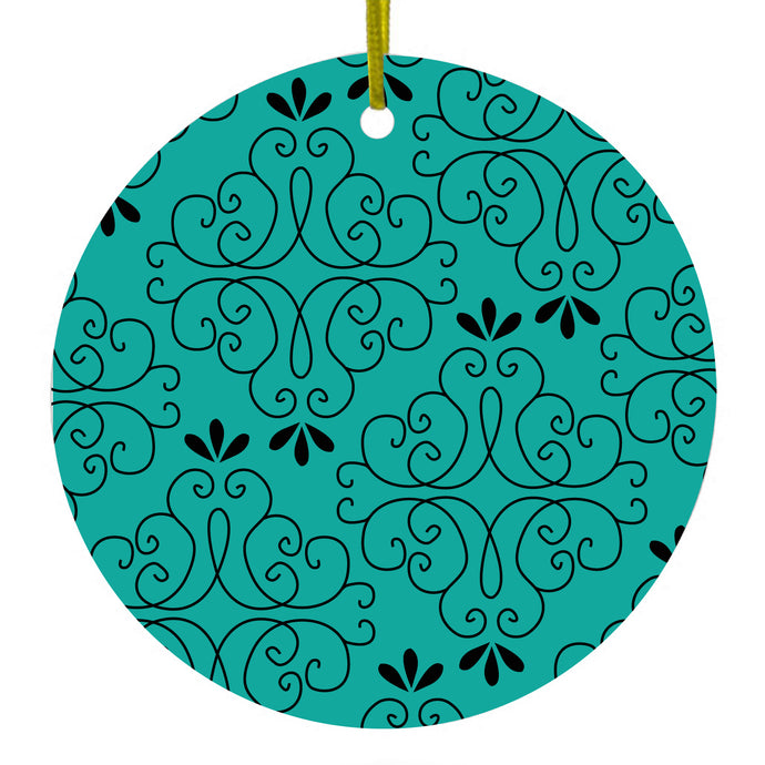 Coral Blue Black Floral Pattern Ceramic Ornament