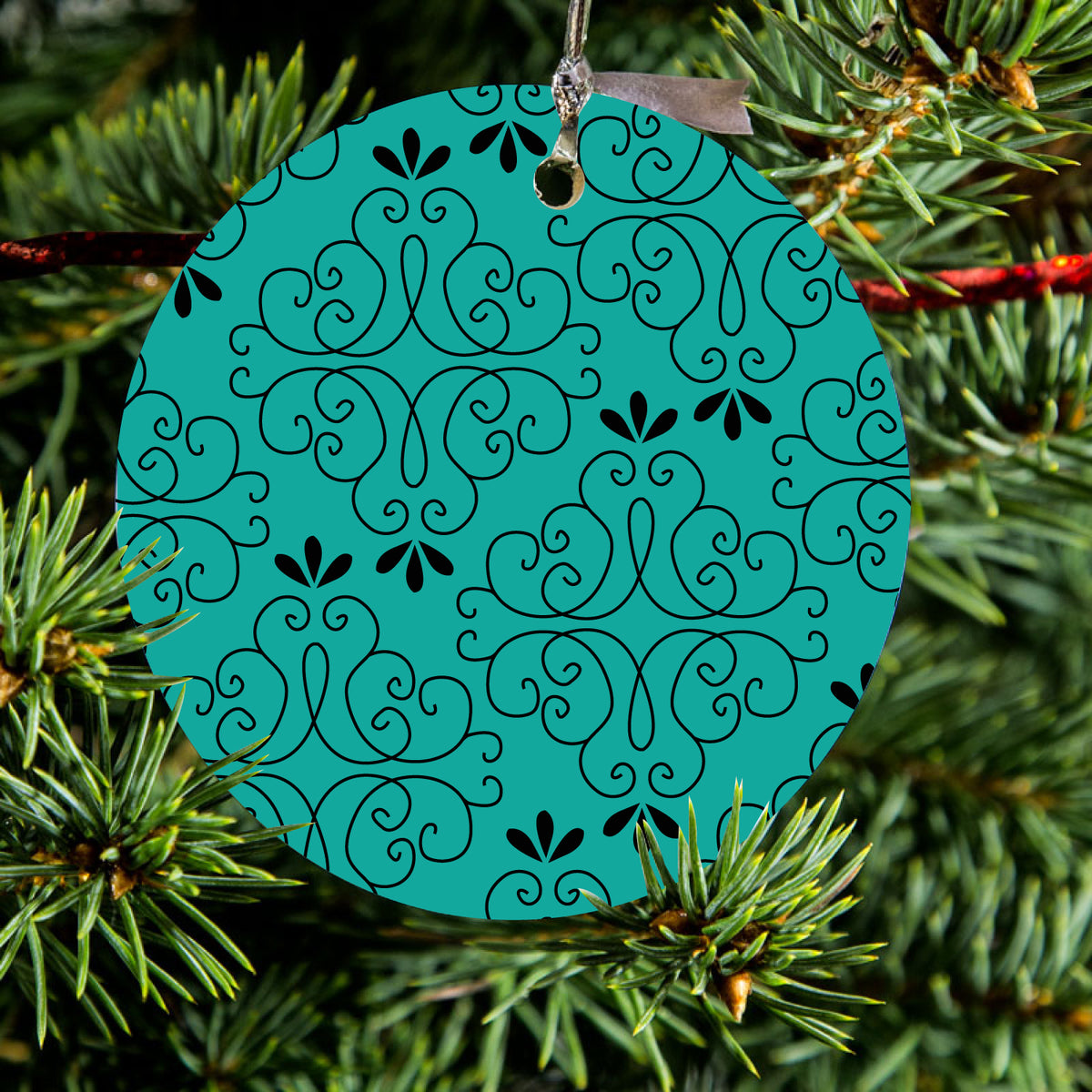 Coral Blue Black Floral Pattern Ceramic Ornament, view 2