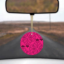 DistinctInk® Hanging Ceramic Christmas Tree Ornament with Gold String - Great Gift / Present - 2 3/4 inch Diameter - Neon Pink Black Floral Pattern