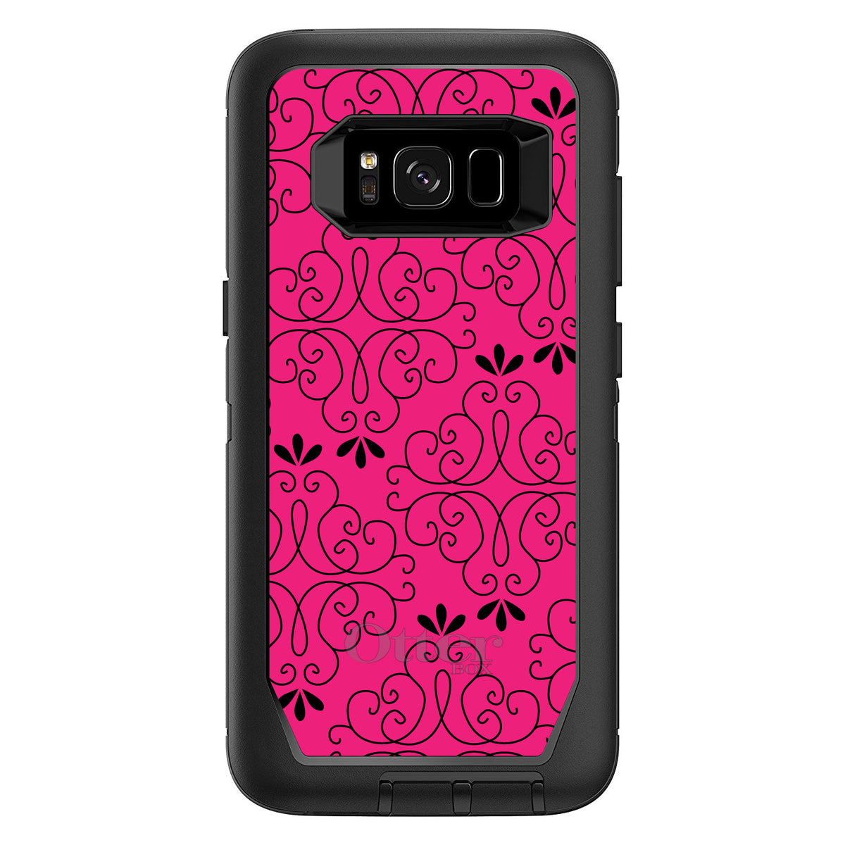 Neon Pink Black Floral Pattern OtterBox Defender Case for iPhone & Galaxy, view 12