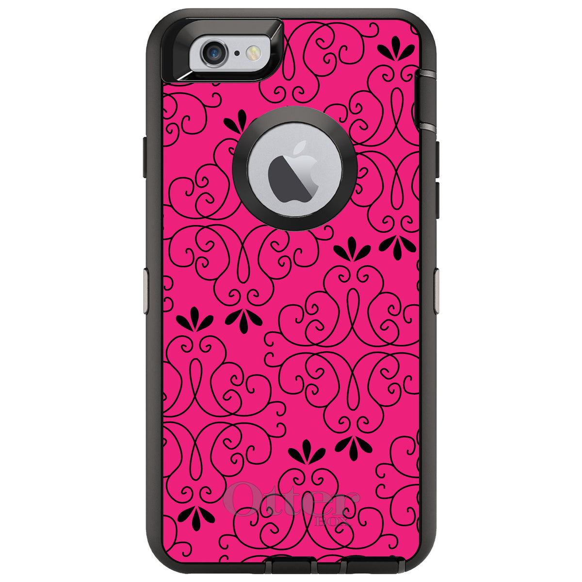 Neon Pink Black Floral Pattern OtterBox Defender Case for iPhone & Galaxy, view 4