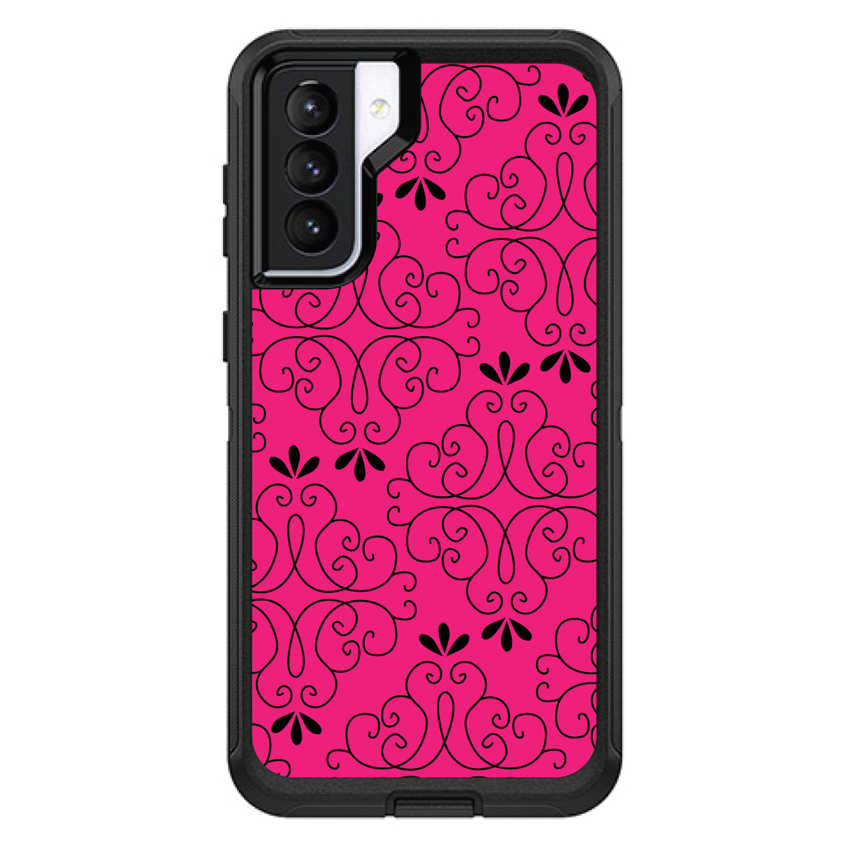 Neon Pink Black Floral Pattern OtterBox Defender Case for iPhone & Galaxy, view 6