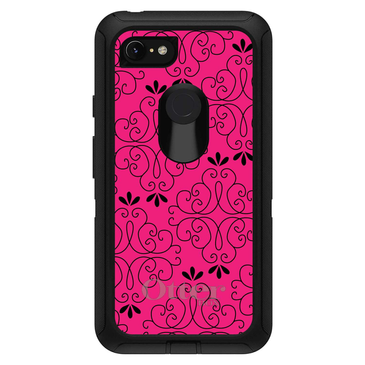 Neon Pink Black Floral Pattern OtterBox Defender Case for iPhone & Galaxy, view 18