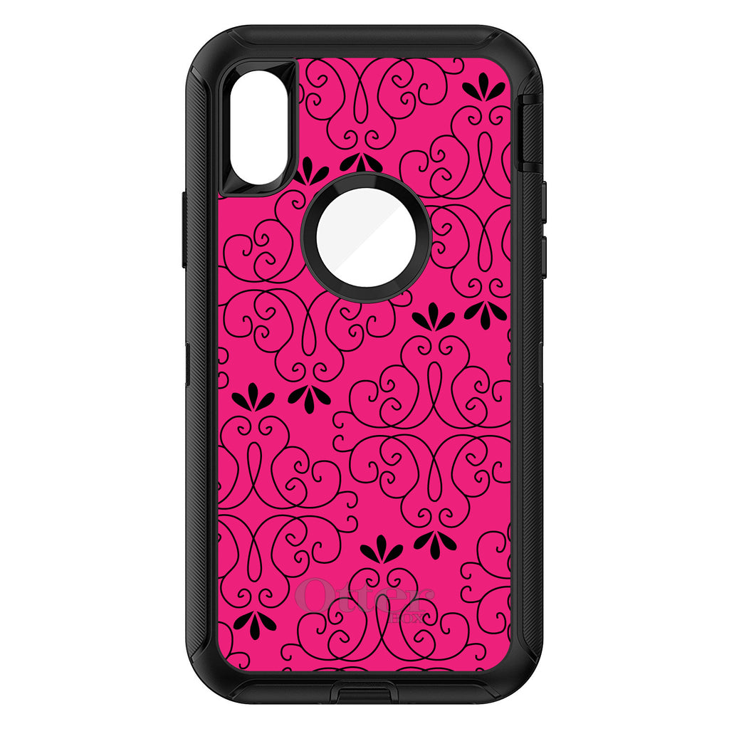 Neon Pink Black Floral Pattern OtterBox Defender Case for iPhone & Galaxy, view 3