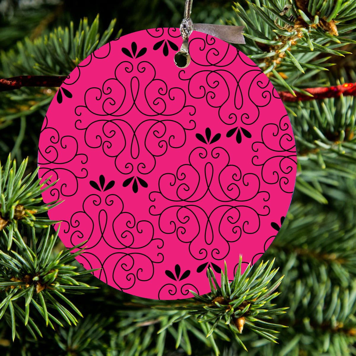 Neon Pink Black Floral Pattern Ceramic Ornament, view 2