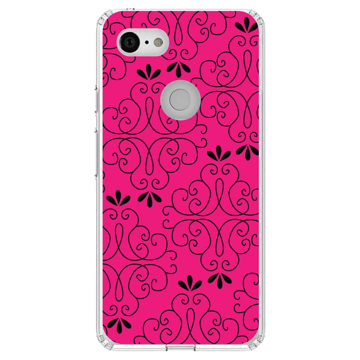 Neon Pink Black Floral Pattern Clear Shockproof iPhone Case, view 22