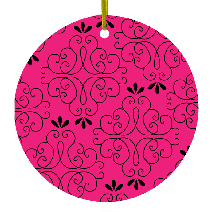 Neon Pink Black Floral Pattern Ceramic Ornament