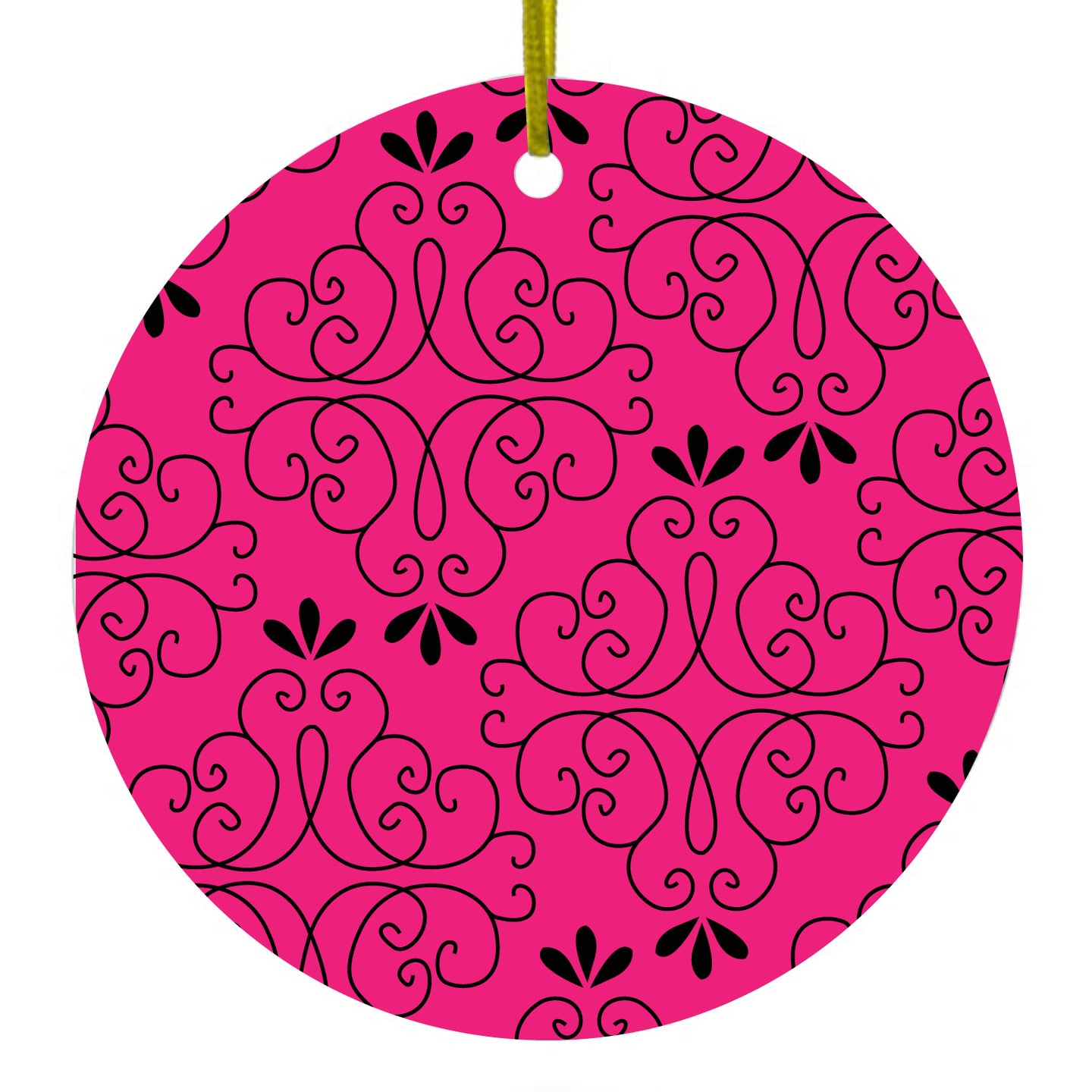 DistinctInk® Hanging Ceramic Christmas Tree Ornament with Gold String - Great Gift / Present - 2 3/4 inch Diameter - Neon Pink Black Floral Pattern
