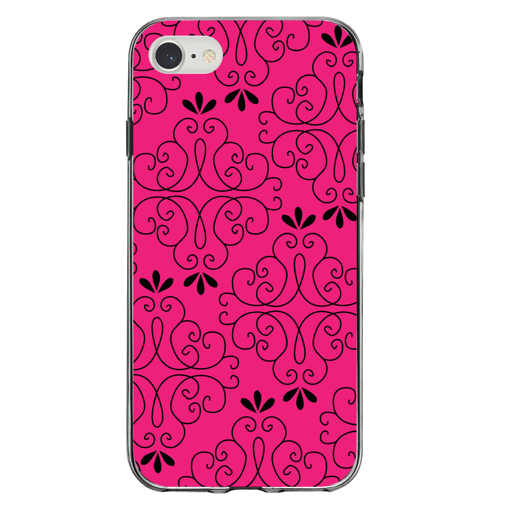 Neon Pink Black Floral Pattern Clear Shockproof iPhone Case, view 5