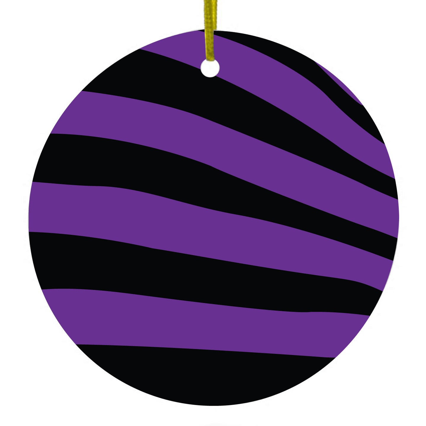 DistinctInk® Hanging Ceramic Christmas Tree Ornament with Gold String - Great Gift / Present - 2 3/4 inch Diameter - Black Purple Zebra Skin Stripes