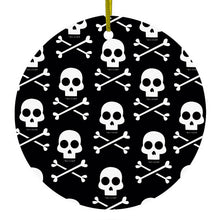 DistinctInk® Hanging Ceramic Christmas Tree Ornament with Gold String - Great Gift / Present - 2 3/4 inch Diameter - Black White Skulls Pattern