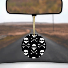 DistinctInk® Hanging Ceramic Christmas Tree Ornament with Gold String - Great Gift / Present - 2 3/4 inch Diameter - Black White Skulls Pattern