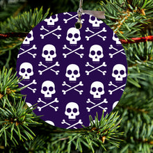 DistinctInk® Hanging Ceramic Christmas Tree Ornament with Gold String - Great Gift / Present - 2 3/4 inch Diameter - Purple White Skulls Pattern