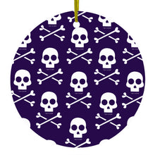 DistinctInk® Hanging Ceramic Christmas Tree Ornament with Gold String - Great Gift / Present - 2 3/4 inch Diameter - Purple White Skulls Pattern