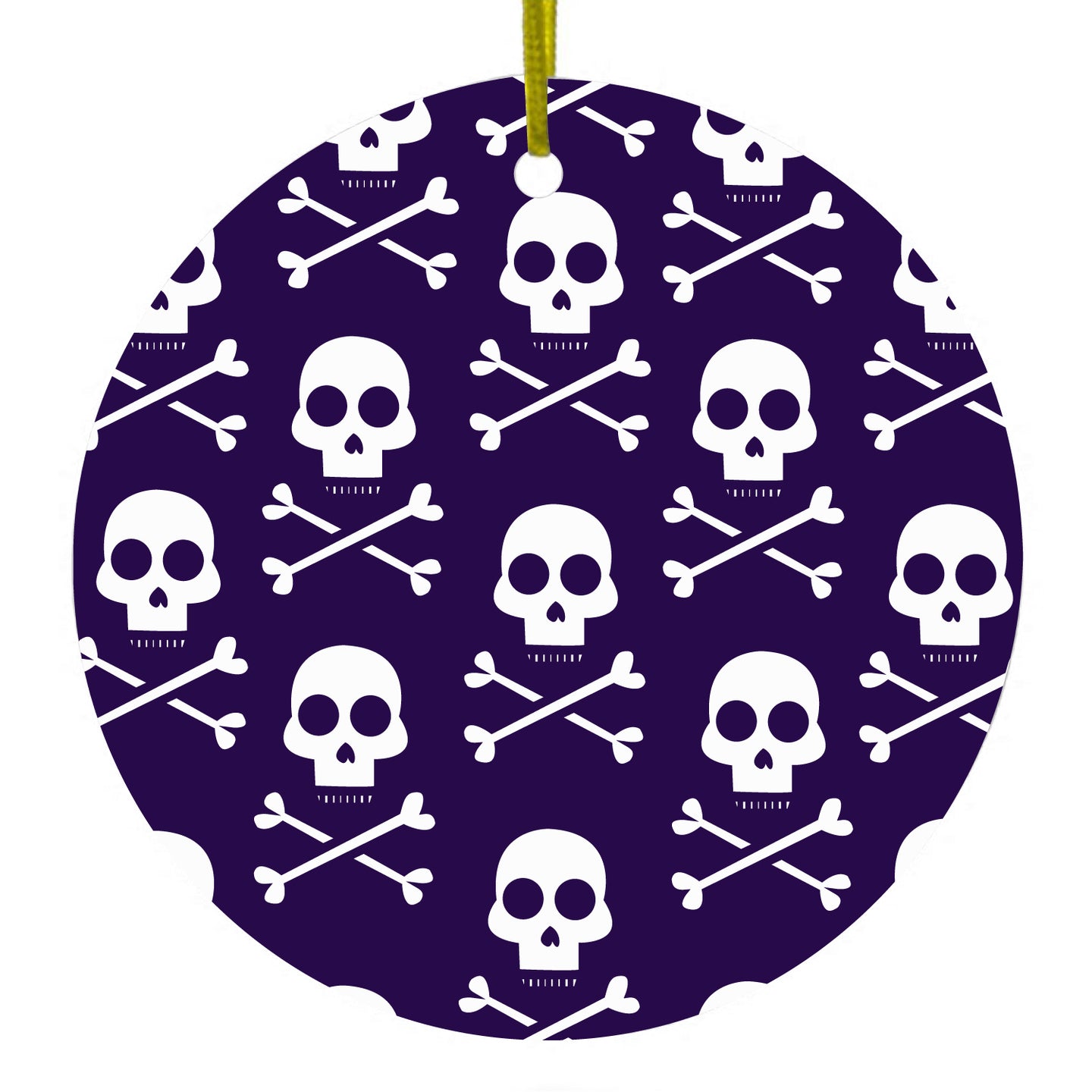 DistinctInk® Hanging Ceramic Christmas Tree Ornament with Gold String - Great Gift / Present - 2 3/4 inch Diameter - Purple White Skulls Pattern