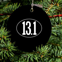DistinctInk® Hanging Ceramic Christmas Tree Ornament with Gold String - Great Gift / Present - 2 3/4 inch Diameter - Black White 13.1 Half Marathon Run