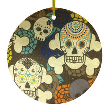 DistinctInk® Hanging Ceramic Christmas Tree Ornament with Gold String - Great Gift / Present - 2 3/4 inch Diameter - Sugar Skulls Green Orange
