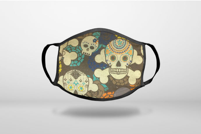 Sugar Skulls Green Orange - 3-Ply Reusable Soft Face Mask Covering, Unisex, Cotton Inner Layer