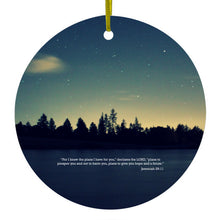 DistinctInk® Hanging Ceramic Christmas Tree Ornament with Gold String - Great Gift / Present - 2 3/4 inch Diameter - Night Sky Lake Jeremiah 29:11