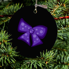 DistinctInk® Hanging Ceramic Christmas Tree Ornament with Gold String - Great Gift / Present - 2 3/4 inch Diameter - Purple Black Bow Ribbon