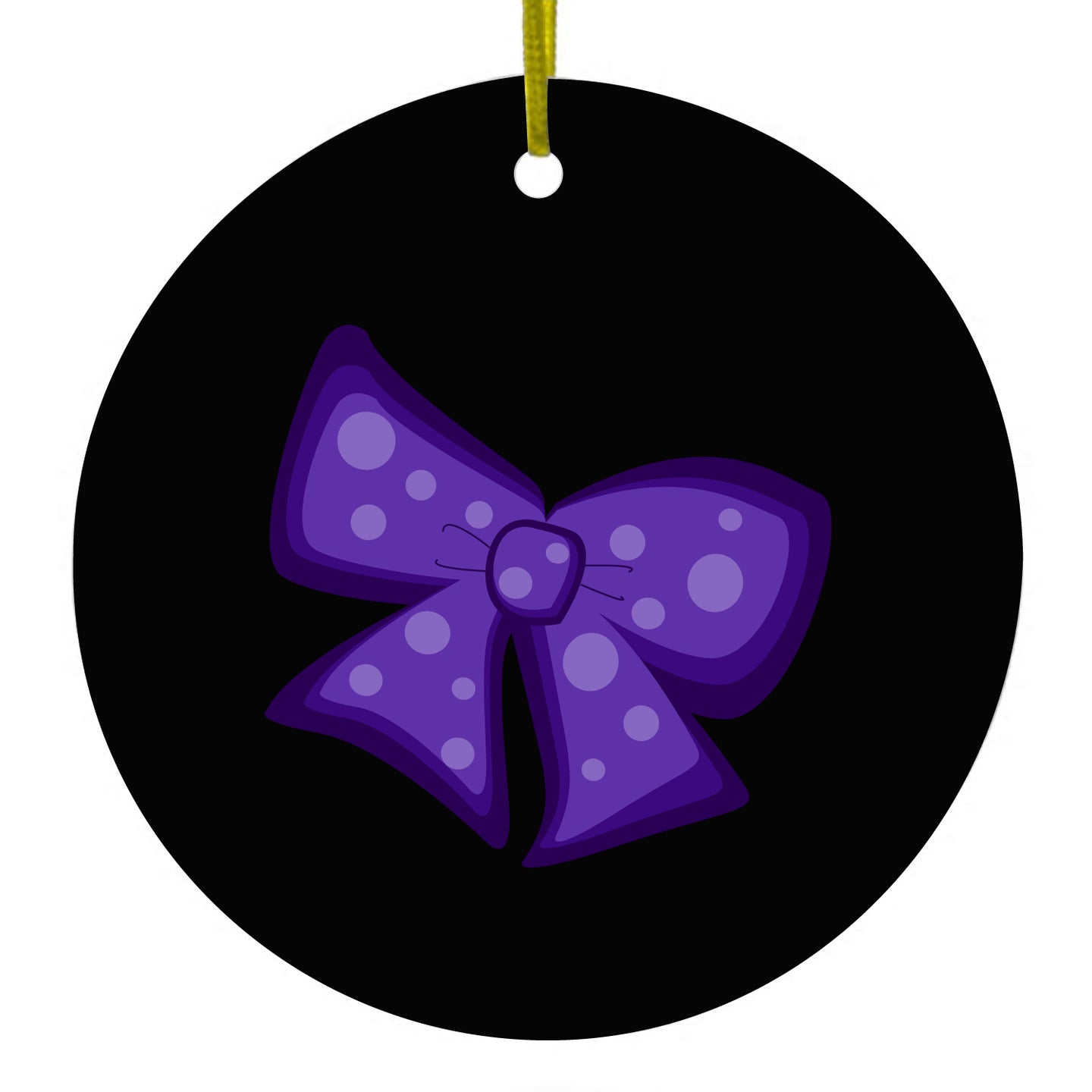 DistinctInk® Hanging Ceramic Christmas Tree Ornament with Gold String - Great Gift / Present - 2 3/4 inch Diameter - Purple Black Bow Ribbon