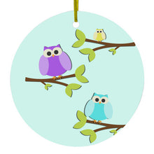 DistinctInk® Hanging Ceramic Christmas Tree Ornament with Gold String - Great Gift / Present - 2 3/4 inch Diameter - Blue Purple Yellow Owls