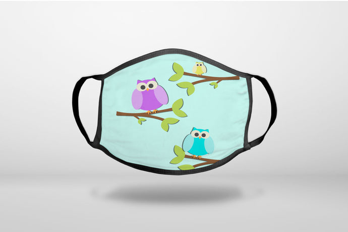 Blue Purple Yellow Owls - 3-Ply Reusable Soft Face Mask Covering, Unisex, Cotton Inner Layer