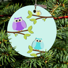 DistinctInk® Hanging Ceramic Christmas Tree Ornament with Gold String - Great Gift / Present - 2 3/4 inch Diameter - Blue Purple Yellow Owls