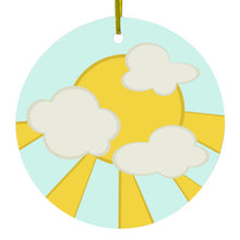 DistinctInk® Hanging Ceramic Christmas Tree Ornament with Gold String - Great Gift / Present - 2 3/4 inch Diameter - Blue Yellow Sun Sky Clouds