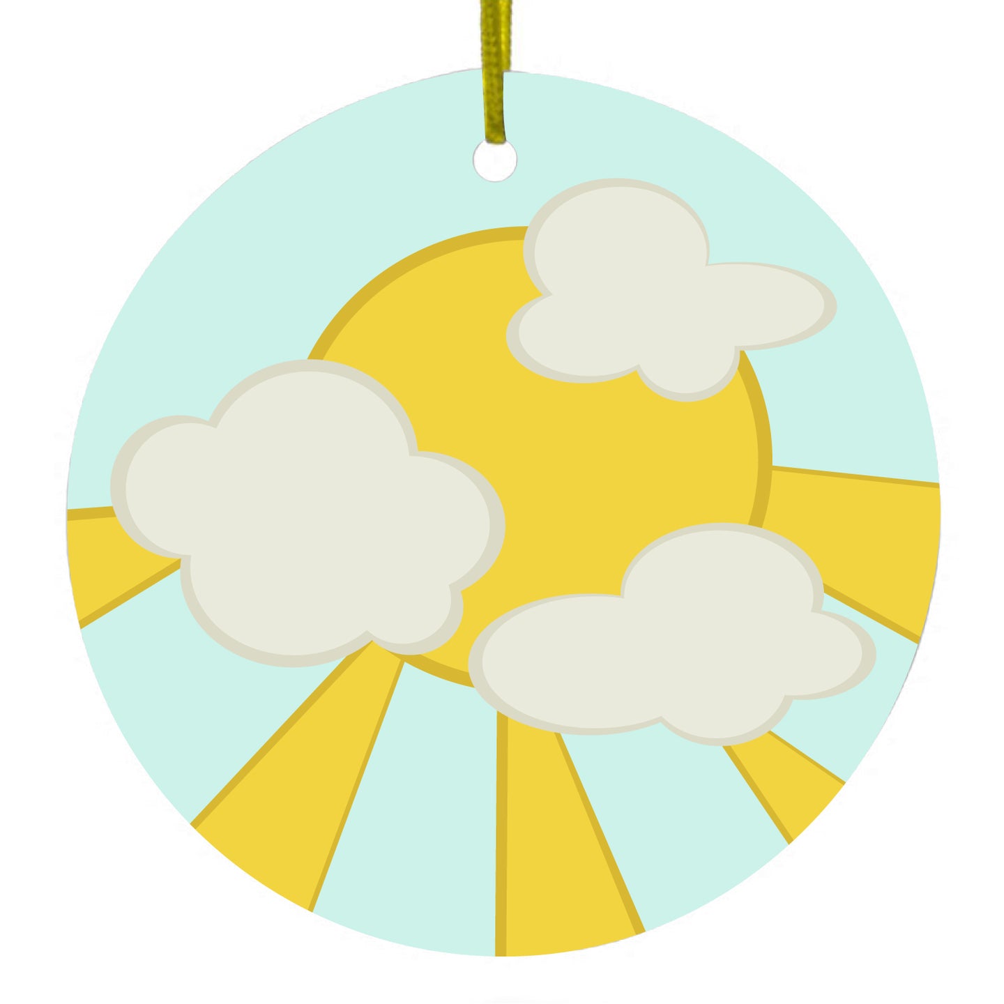 DistinctInk® Hanging Ceramic Christmas Tree Ornament with Gold String - Great Gift / Present - 2 3/4 inch Diameter - Blue Yellow Sun Sky Clouds