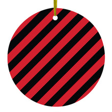 DistinctInk® Hanging Ceramic Christmas Tree Ornament with Gold String - Great Gift / Present - 2 3/4 inch Diameter - Black Red Diagonal Stripes