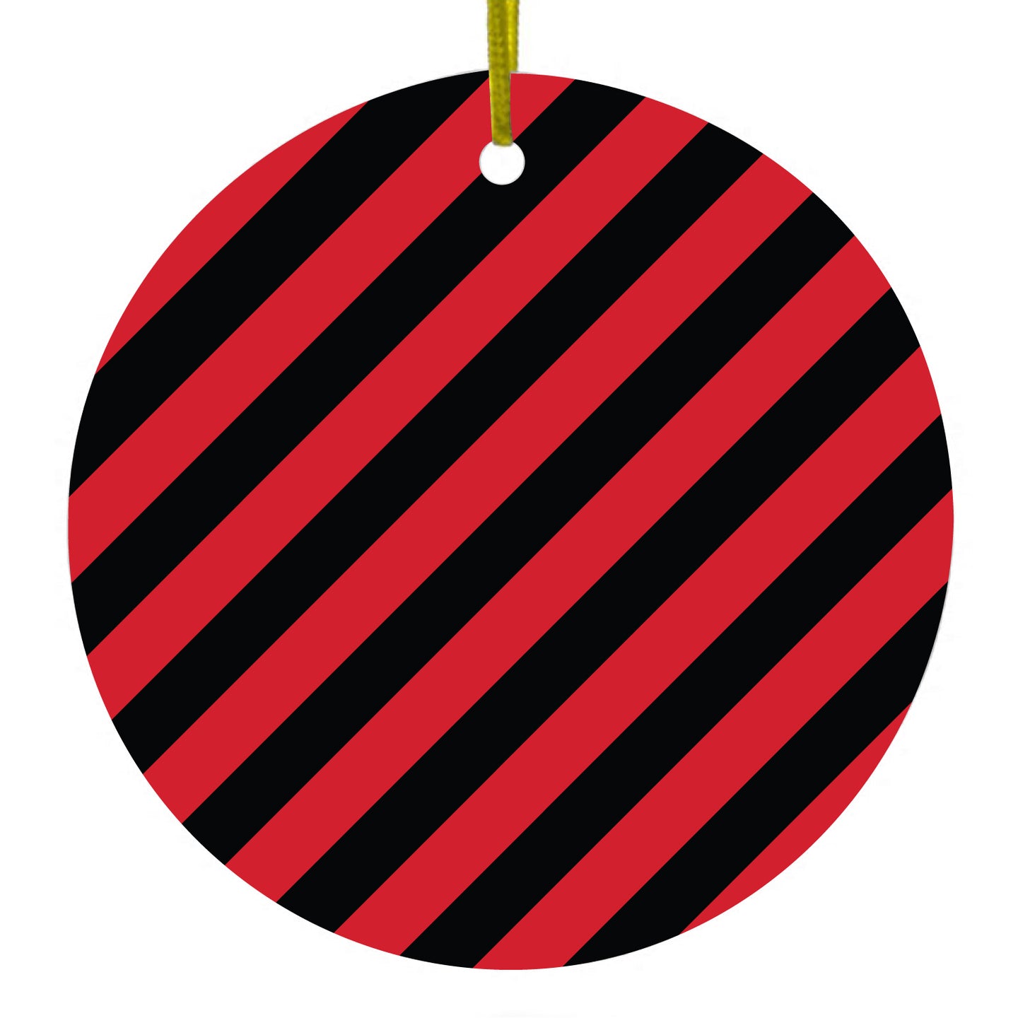 DistinctInk® Hanging Ceramic Christmas Tree Ornament with Gold String - Great Gift / Present - 2 3/4 inch Diameter - Black Red Diagonal Stripes
