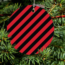 DistinctInk® Hanging Ceramic Christmas Tree Ornament with Gold String - Great Gift / Present - 2 3/4 inch Diameter - Black Red Diagonal Stripes