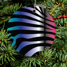 DistinctInk® Hanging Ceramic Christmas Tree Ornament with Gold String - Great Gift / Present - 2 3/4 inch Diameter - Black Pink Teal Blue Zebra