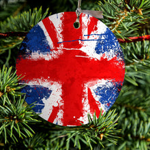 DistinctInk® Hanging Ceramic Christmas Tree Ornament with Gold String - Great Gift / Present - 2 3/4 inch Diameter - Red White Blue British Flag Graffiti