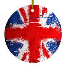 DistinctInk® Hanging Ceramic Christmas Tree Ornament with Gold String - Great Gift / Present - 2 3/4 inch Diameter - Red White Blue British Flag Graffiti