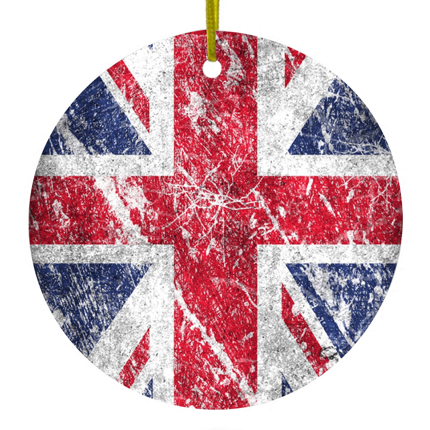 DistinctInk® Hanging Ceramic Christmas Tree Ornament with Gold String - Great Gift / Present - 2 3/4 inch Diameter - Red White Blue British Flag Weathered