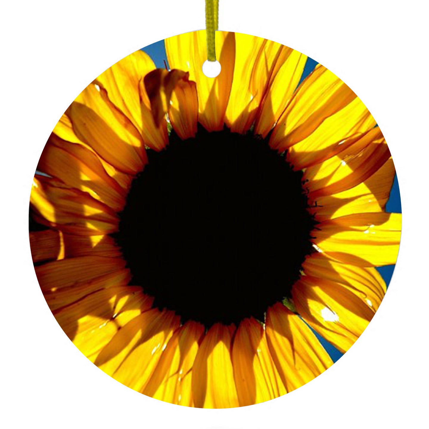 DistinctInk® Hanging Ceramic Christmas Tree Ornament with Gold String - Great Gift / Present - 2 3/4 inch Diameter - Blue Yellow Sunflower Sky