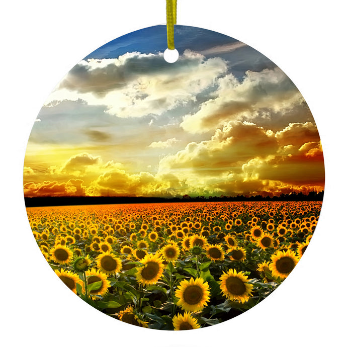 Green Blue Yellow Sunflowers Ceramic Ornament