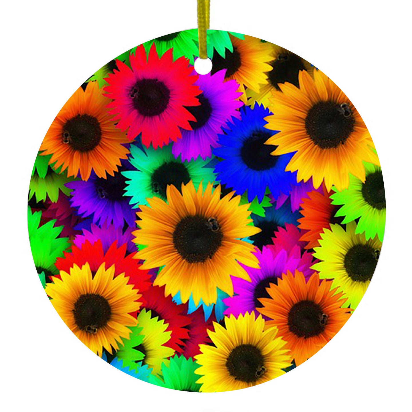 DistinctInk® Hanging Ceramic Christmas Tree Ornament with Gold String - Great Gift / Present - 2 3/4 inch Diameter - Red Green Yellow Sunflowers