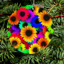 DistinctInk® Hanging Ceramic Christmas Tree Ornament with Gold String - Great Gift / Present - 2 3/4 inch Diameter - Red Green Yellow Sunflowers