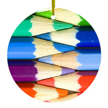 DistinctInk® Hanging Ceramic Christmas Tree Ornament with Gold String - Great Gift / Present - 2 3/4 inch Diameter - Rainbow Colored Pencils