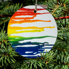DistinctInk® Hanging Ceramic Christmas Tree Ornament with Gold String - Great Gift / Present - 2 3/4 inch Diameter - Rainbow Melted Crayons
